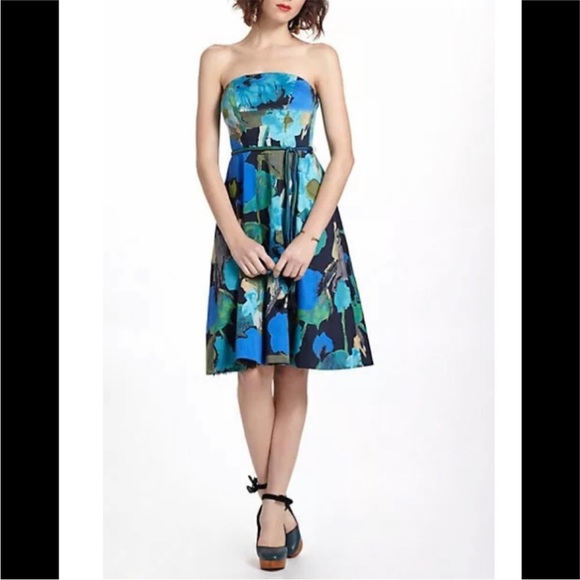 Anthropologie Vanessa Virginia Blue Watercolor Floral Print 50s Midi Dress sz 14 - Picture 1 of 16